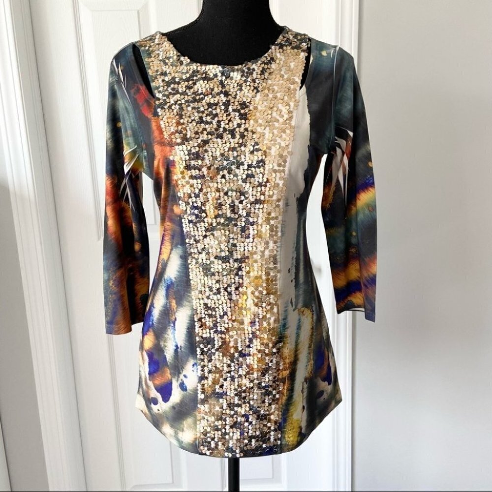 Cartise Cut Out Shoulder Tie Dye Sequins Stretchy Tunic